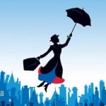 Mary Poppins sobrevoando a cidade