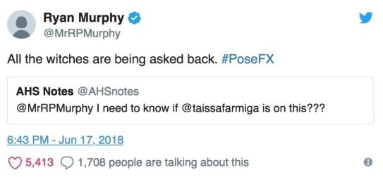 Tweet de Ryan Murphy sobre o elenco da 8ª temporada