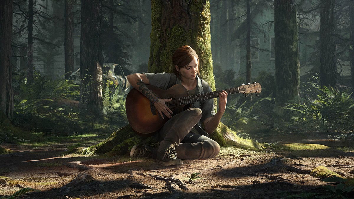 Ellie na floresta no jogo The Last of Us Parte II