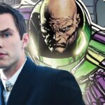 Nicholas Hoult and an image of Lex Luthor from the comics in his warsuit.