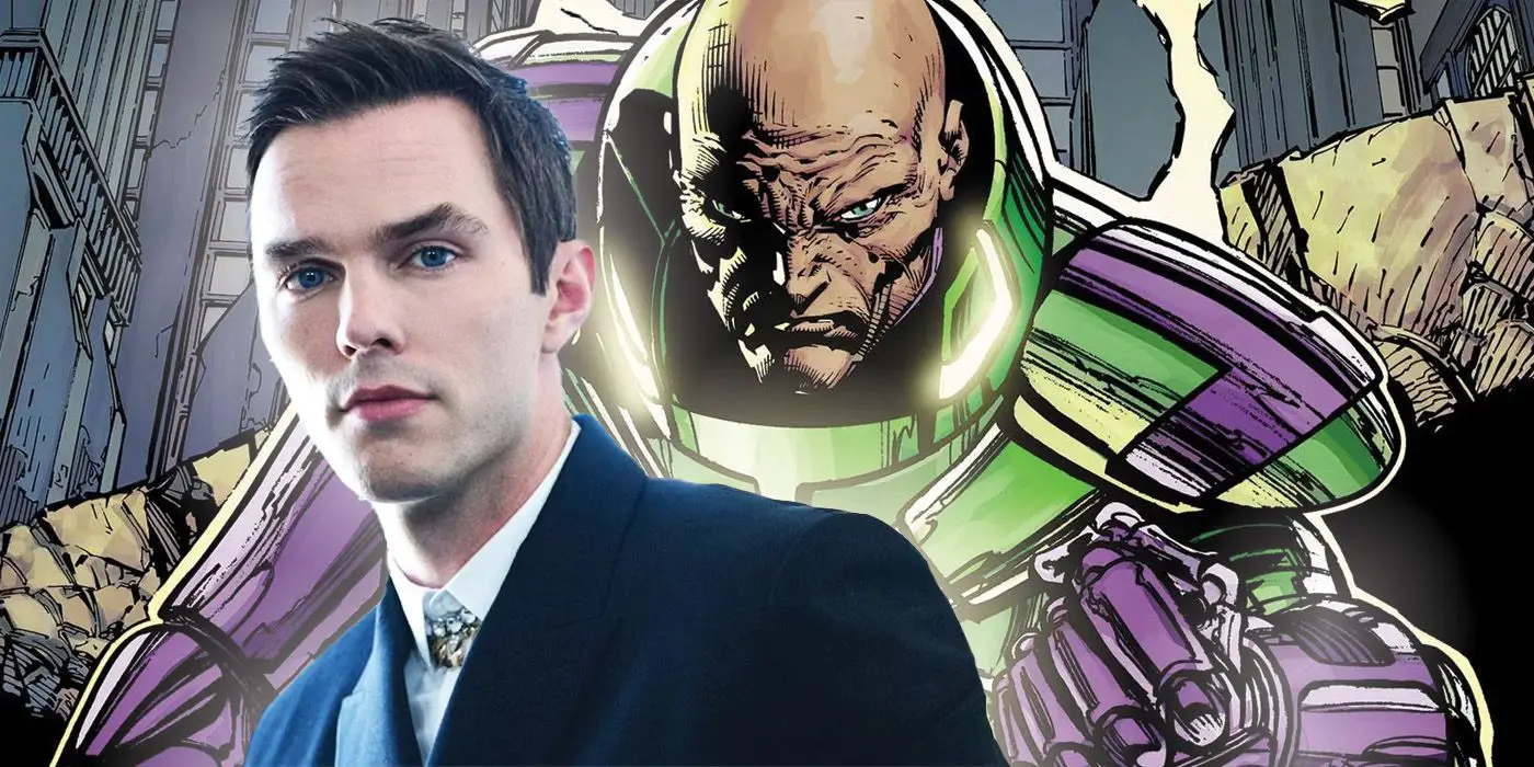 Nicholas Hoult and an image of Lex Luthor from the comics in his warsuit.