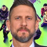 Suicide Squad director David Ayer over a still of the squad