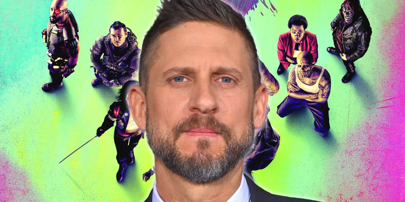 Suicide Squad director David Ayer over a still of the squad