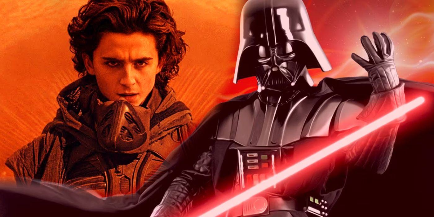 Collage: Timothee Chalamet as Paul Atreides in Dune glowering at Darth Vader from Star Wars