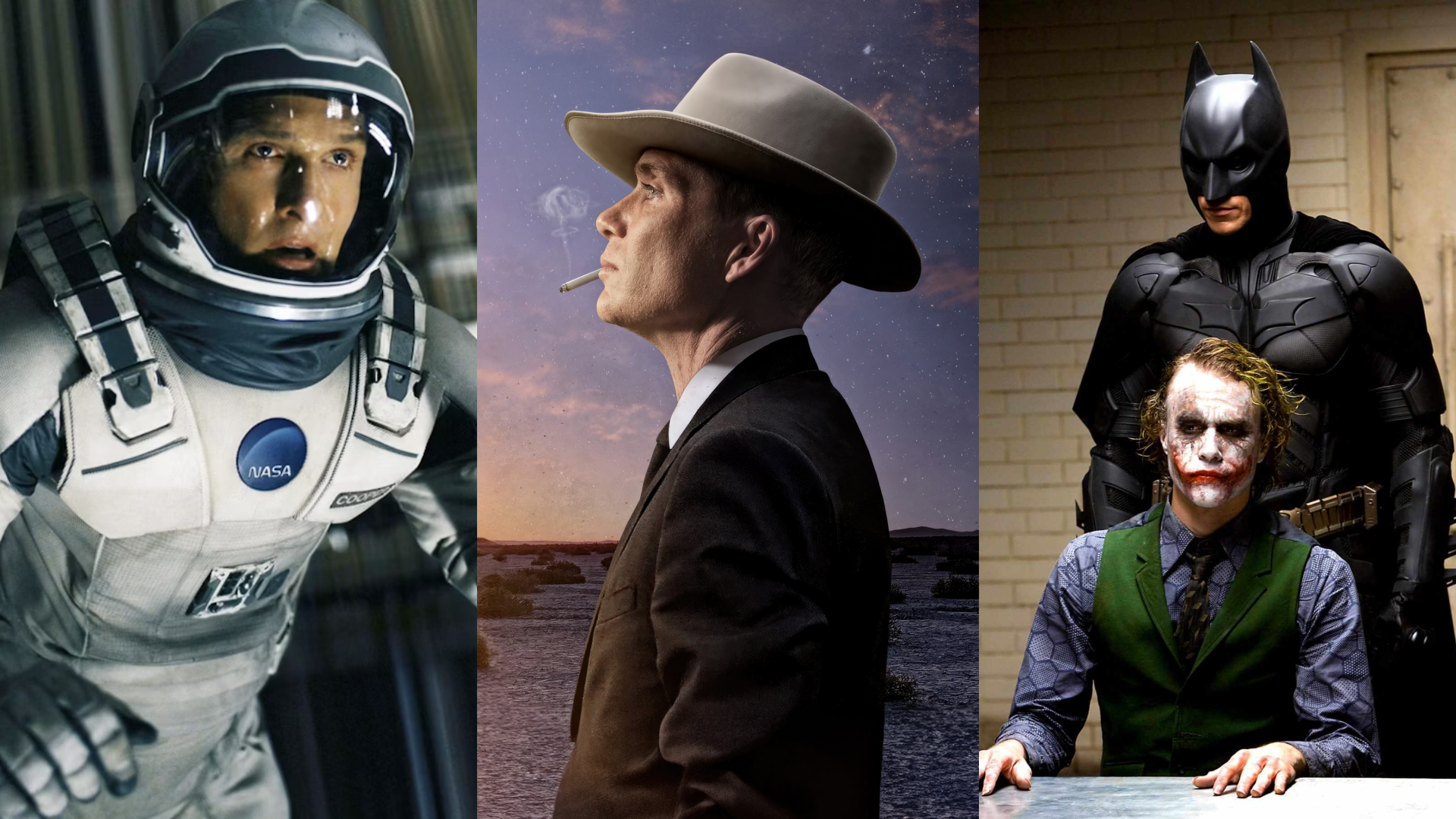 Imagem dos filmes de Christopher Nolan - Interstellar, Oppenheimer e Batman: O Cavaleiro das Trevas