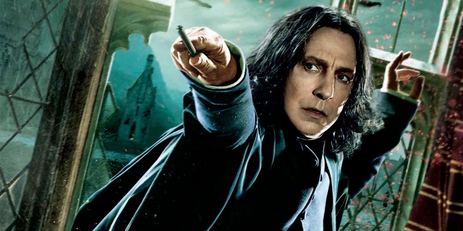 Snape (Alan Rickman) holds up his wand in a poster for Harry Potter and the Deathly Hallows Part 2