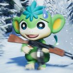 Palworld nervous looking green monkey running with An AK47 through snow