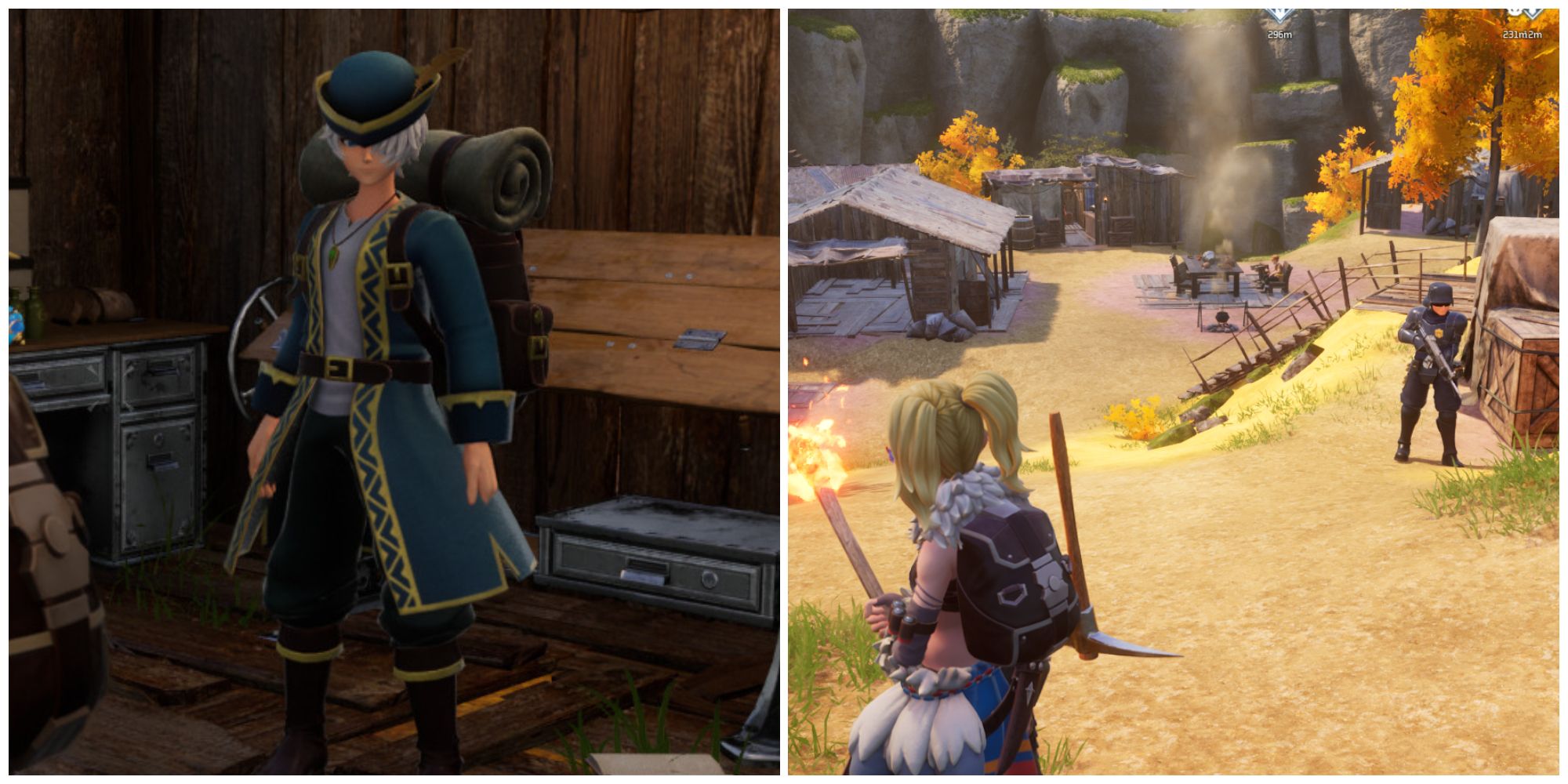 Split image of a Pal Merchant and the entrance to the Small Settlement in Palworld