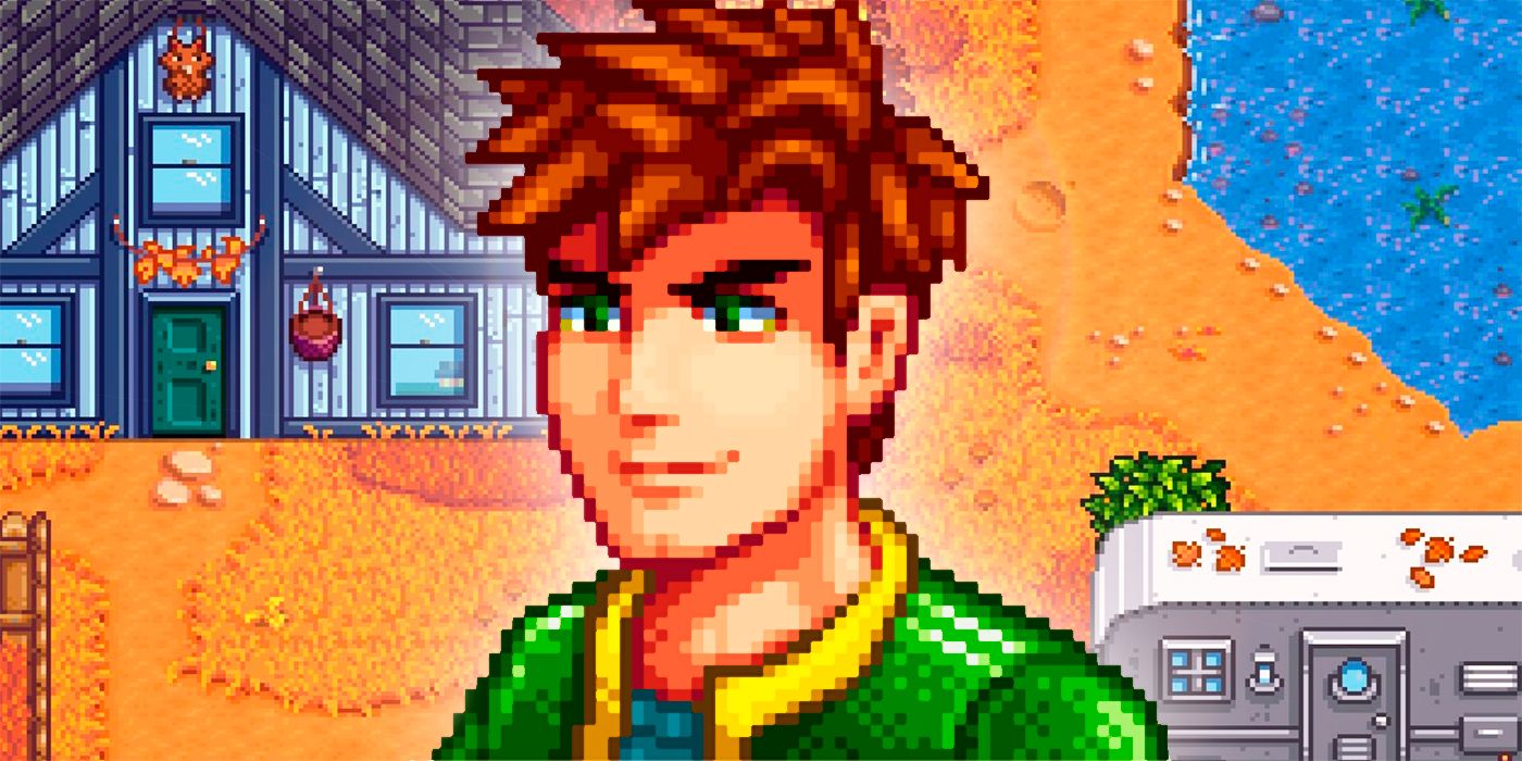 A collage of Alex in front of stills from the Stardew Valley game