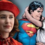 Rachel Brosnahan in Marvelous Mrs. Maisel next to a picture of Superman & Lois Lane