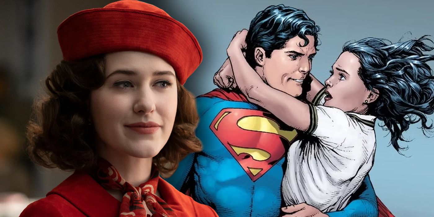 Rachel Brosnahan in Marvelous Mrs. Maisel next to a picture of Superman & Lois Lane