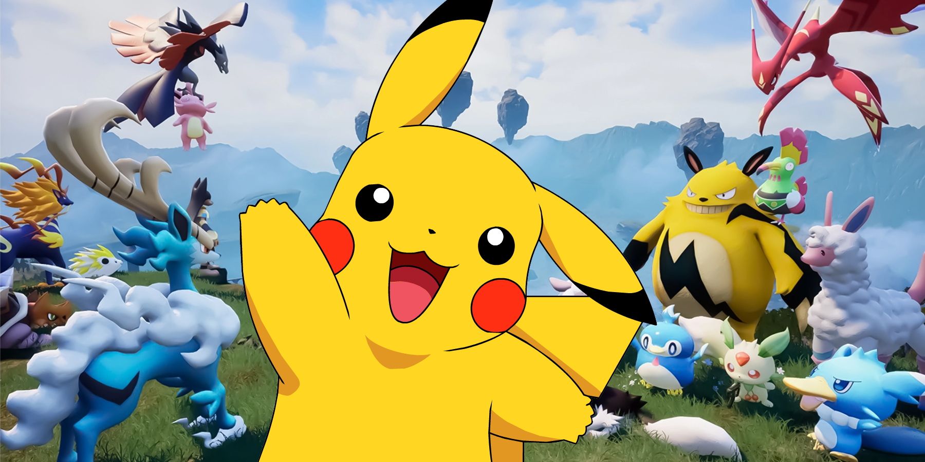 The key visual for Palworld overlayed with an image of Pokemon mascot Pikachu.